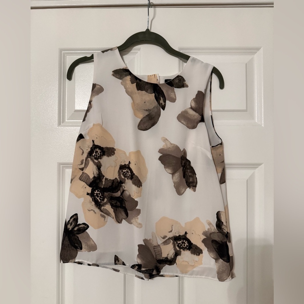 Banana Republic | White Brown Grey Floral Button Back Sleeveless Blouse | XS